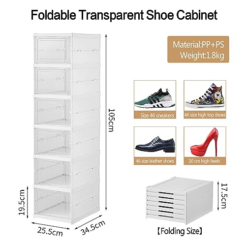 GUKEEV Cajas de Zapatos Plástico, Grupo de 6 Organizadores de Almacenamiento, Caja Zapatero Plástico Plegable y Apilable para Zapatillas hasta Talla 46, Transparente y Blanco(Blanco 6 piezas)