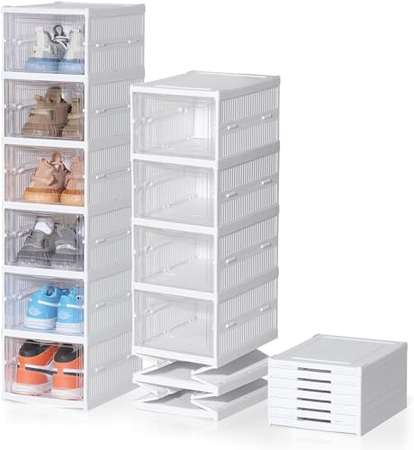 GUKEEV Cajas de Zapatos Plástico, Grupo de 6 Organizadores de Almacenamiento, Caja Zapatero Plástico Plegable y Apilable para Zapatillas hasta Talla 46, Transparente y Blanco(Blanco 6 piezas)