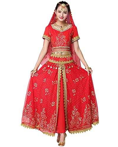 GUOCU Mujer Indio Bollywood Conjunto de Traje de Baile Tops de Gasa y Falda Larga Accesorios de Lentejuelas Práctica de actuación Traje de Carnaval Profesional de Danza del Vientre Rojo(8PCS) XL