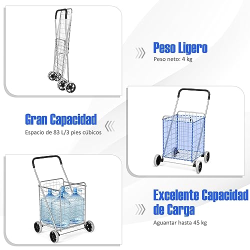 GYMAX Carrito Plegable 83 L, Carrito Multiusos Resistente con Asa y Ruedas Grandes, Carrito Versátil con Cesta de Metal para Almacenes, Supermercados y Lavandería (Plata)