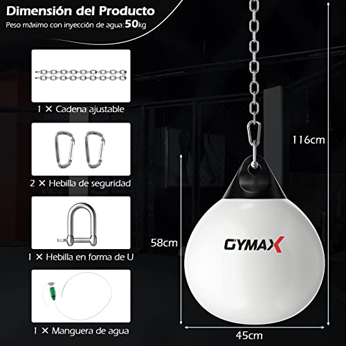 GYMAX Saco de Boxeo de Agua, Saco de Boxeo Pesado de 45 cm y 50 kg con Cadena Metálica Ajustable, Manguera Llena de Agua, Saco de Entrenamiento Acuático para Adultos y Niños (Blanco)