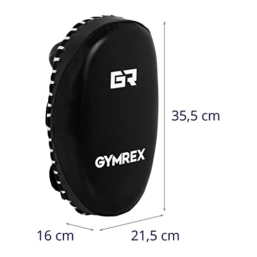 Gymrex Pao para Boxeo y Arates Marciales GR-HT 21W (Cuero sintético y Espuma PE, Acolchado: 80 mm, Superficie de golpeo: 350 x 210 mm, Negro, Costura Blanca)