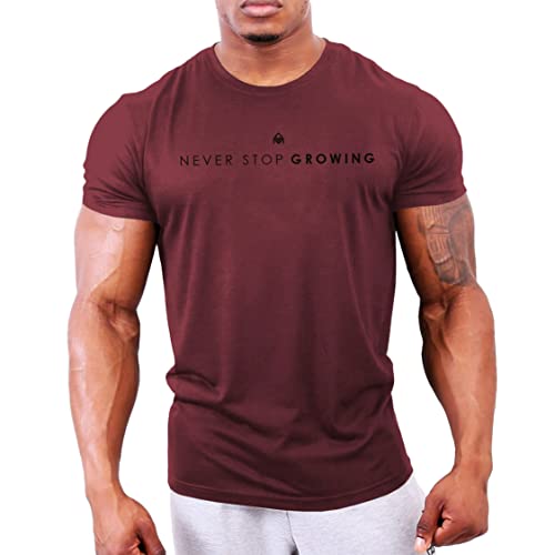 GYMTIER Camiseta de culturismo para hombre, nunca dejes de crecer, camiseta de entrenamiento de gimnasio, color granate, talla XL, rojo (Maroon), XL