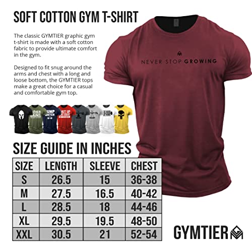 GYMTIER Camiseta de culturismo para hombre, nunca dejes de crecer, camiseta de entrenamiento de gimnasio, color granate, talla XL, rojo (Maroon), XL