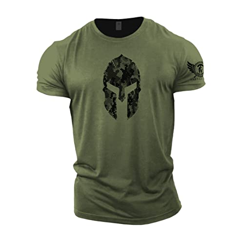 GYMTIER Spartan Helmet Hex Camo - Camiseta de gimnasio para hombre, para culturismo y levantamiento de pesas, verde, L