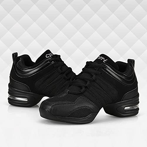 H/A Zapatillas de baile para mujer, zapatos de jazz, con cordones, para salón de baile al aire libre, suela dividida, ligera, transpirable, plataforma de señora, Black, 38 EU