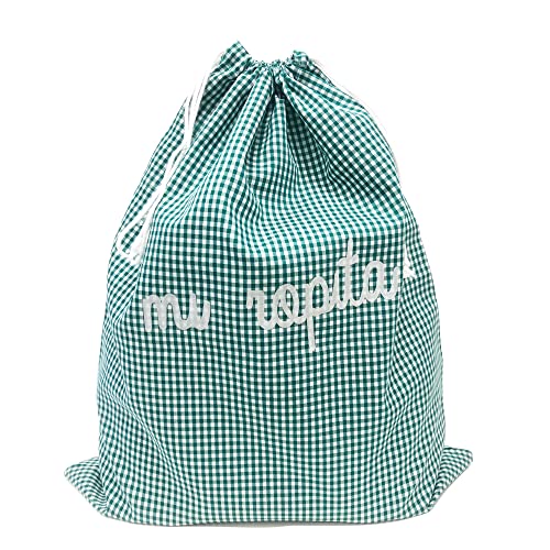 Haberdashery Online Bolsa reutilizable para ropa con estampado vichy color verde. Bolsa de tela lavable para colegio, ideal para recambio ropa niños. Saco ecológico para ropa, zapatos, pañales.