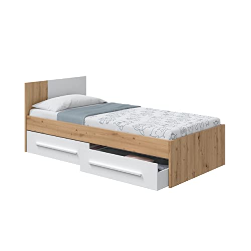 Habitdesign Cama Individual con 2 Cajones, Cama Juvenil, Cama Infantil, Modelo Noa, Acabado en Blanco Artik y Roble Nodi, Medidas: 196 cm (Largo) x 97 cm (Ancho) x 77 cm (Alto)