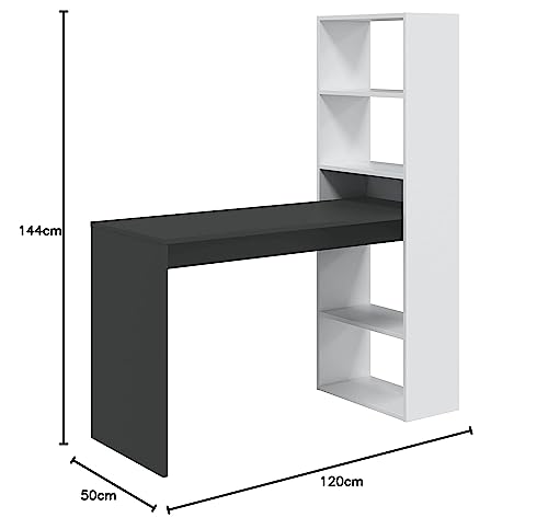 Habitdesign, Escritorio con Estanteria Reversible, Blanco Artik y Gris Antracita, Modelo Duplo, Medidas: 120 cm (Ancho) x 53 cm (Fondo) x 144 cm (Alto)