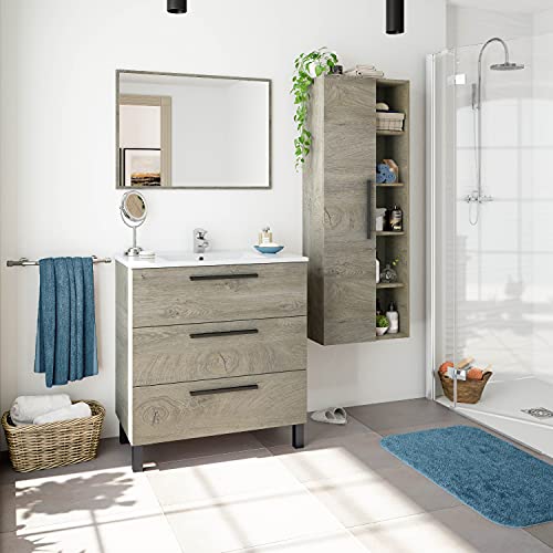 Habitdesign Mueble de Baño con 3 Cajones y Espejo, Modulo Lavabo, Modelo Athena, Acabado en Roble Alaska, Medidas: 80 cm (Ancho) x 86 cm (Alto) x 45 cm (Fondo)