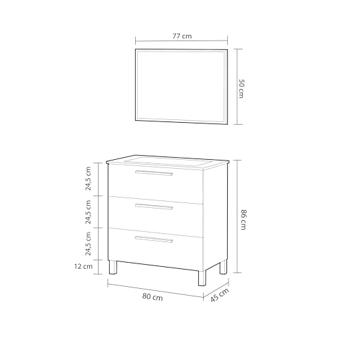 Habitdesign Mueble de Baño con 3 Cajones y Espejo, Modulo Lavabo, Modelo Athena, Acabado en Roble Alaska, Medidas: 80 cm (Ancho) x 86 cm (Alto) x 45 cm (Fondo)