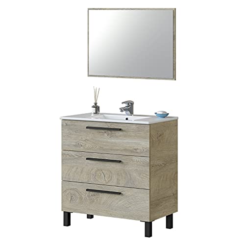 Habitdesign Mueble de Baño con 3 Cajones y Espejo, Modulo Lavabo, Modelo Athena, Acabado en Roble Alaska, Medidas: 80 cm (Ancho) x 86 cm (Alto) x 45 cm (Fondo)