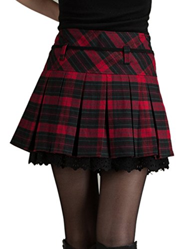 HAHAEMMA Mini Falda Mujer Plisada Escocesa Elegante Invierno Alta Cinturilla Elástica de Encaje Doble de la Colegiala (con Hermosa Cadena en la Cintura)