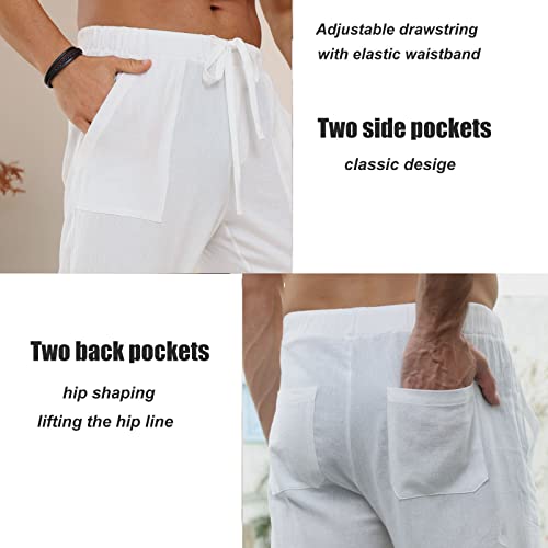 Halfword Pantalones Lino Hombre Verano Casuales Anchos Largos Pantalon Blanco Playa Yoga Blanco XL