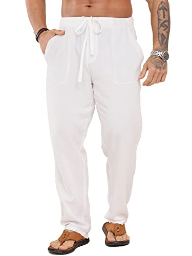 Halfword Pantalones Lino Hombre Verano Casuales Anchos Largos Pantalon Blanco Playa Yoga Blanco XL