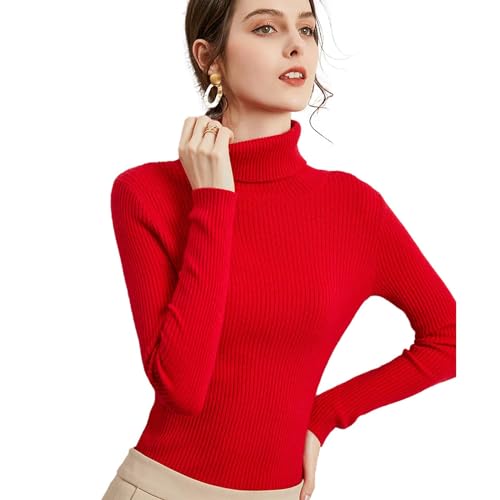 Hanaoops Suéter Mujer de Cuello Alto Mangas Largas Elegante Jersey Interior Delgado Camisetas de Punto Grueso Básico Rojo