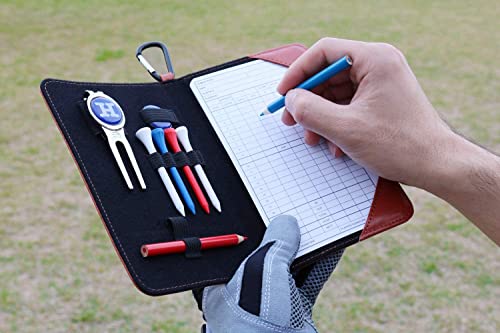 Handy Picks Funda de Cuero para Tarjetas de Puntuación de Golf, Acesorios Incluidos (1 Herramienta de Reparación de Divot, 2 Marcadores de Pelota, 4 Cartas, 2 Lápices, 1 Contador), Marrón