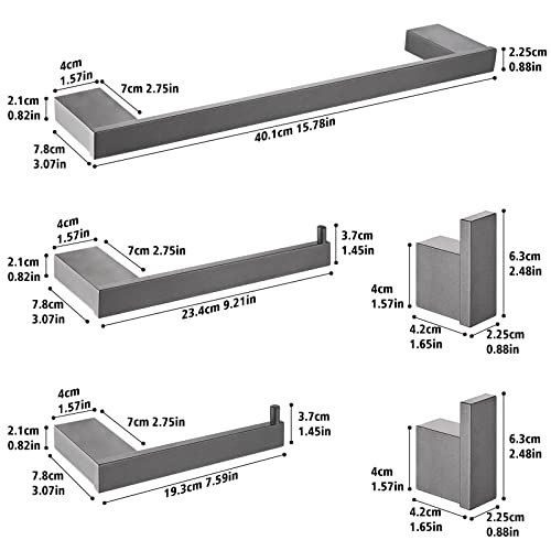 HANFU Accesorios Baño Set de 5 Piezas, Toalleros de Baño de Pared Aluminio, Toallero 40cm, Toallero de Papel y Gancho para Toalla de Baño, Colgador Toalla Baño Juego Cuartos Set de Baño, Gris