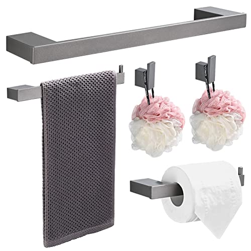 HANFU Accesorios Baño Set de 5 Piezas, Toalleros de Baño de Pared Aluminio, Toallero 40cm, Toallero de Papel y Gancho para Toalla de Baño, Colgador Toalla Baño Juego Cuartos Set de Baño, Gris