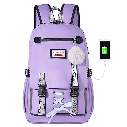 HANXIUCAO Mochila Para Niñas Teen Hairball Pull Flower Mocksack 20-35L Mujer Estudiante universitaria Mochila Con Cierre Mochila Antirrobo Con Puerto De Carga USB (púrpura)