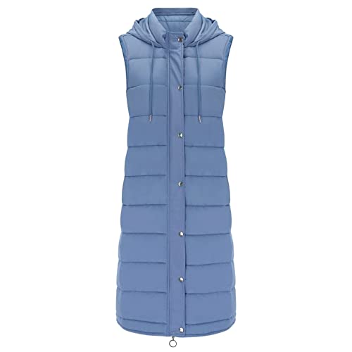 HANXIULIN Chaleco acolchado para mujer, largo de plumón, sin mangas, chaqueta con cremallera, chaleco deportivo para exteriores, chaqueta de entretiempo, azul, L