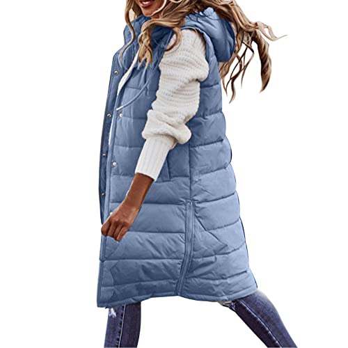 HANXIULIN Chaleco acolchado para mujer, largo de plumón, sin mangas, chaqueta con cremallera, chaleco deportivo para exteriores, chaqueta de entretiempo, azul, L