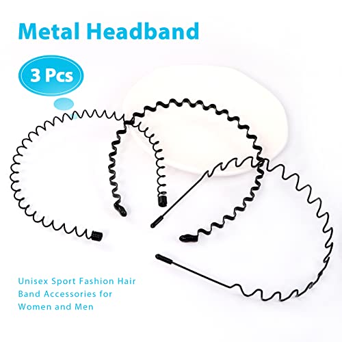 Hanyousheng 3 Piezas Diadema de Metal, Negro Banda Pelo Ondulado, Unisex Cinta de Pelo Antideslizante y Elástica, para Yoga Deportes al Aire Libre