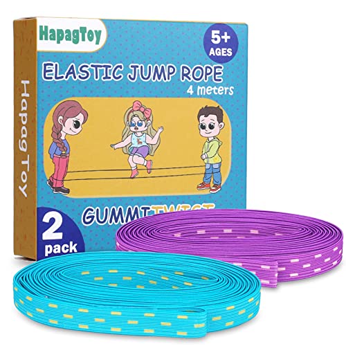 HapagToy Cuerda de Saltar Juguetes de Banda, 2 Pack Twister Cuerda Saltar Largo 4m Ancho 1cm, Premium Goma Elástica Clásico Juego de Salto al Aire Libre Verde y Morado, Regalos para Niñas y Niños