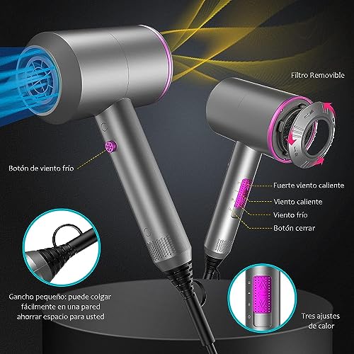 HappyGoo Secador de pelo iones 2000W Secadores de pelo profesional iónico, con boquilla de cabeza de soplado, Hair Dryer negativos portátil de 3 temperaturas (frío y caliente) Gris