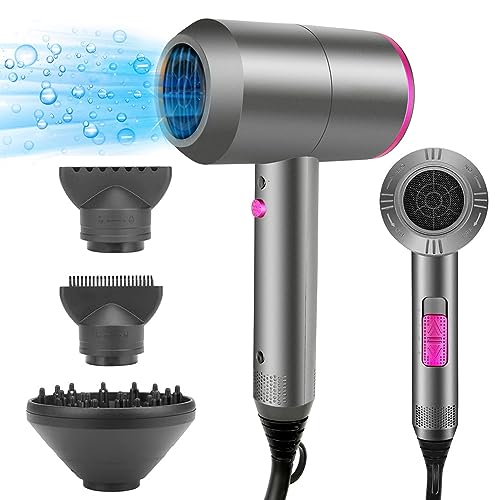 HappyGoo Secador de pelo iones 2000W Secadores de pelo profesional iónico, con boquilla de cabeza de soplado, Hair Dryer negativos portátil de 3 temperaturas (frío y caliente) Gris