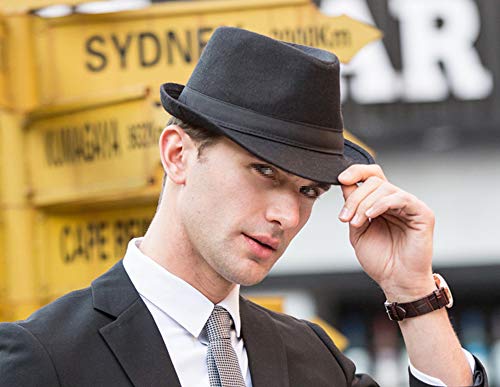 Happyupcity Sombrero de hombre Manhattan estructurado Gángster Trilby Fedora Gorra de jazz Floppy Panamá Sombrero plano para caballeros, Negro, L