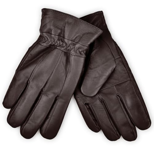 Harssidanzar Guantes de cuero para hombre Guantes de cuero con pantalla táctil Guantes de cuero forrados de piel Guantes de invierno de cuero SM043EU,Marrón,Talla L