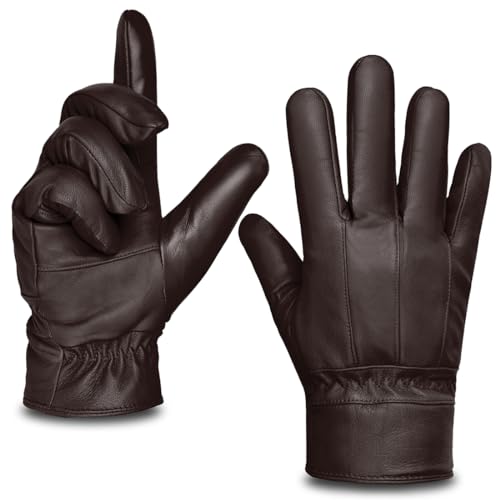 Harssidanzar Guantes de cuero para hombre Guantes de cuero con pantalla táctil Guantes de cuero forrados de piel Guantes de invierno de cuero SM043EU,Marrón,Talla L