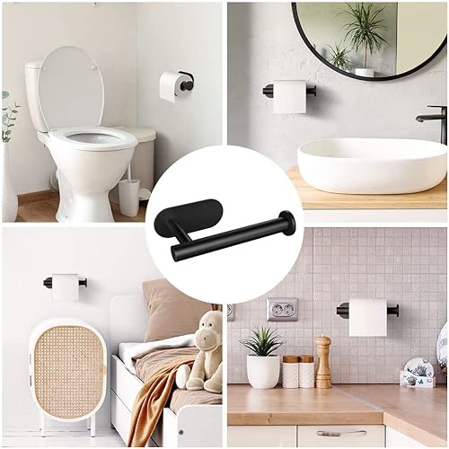 HASA zone Accesorios de Baño sin Taladro, Acero Inoxidable, 7 Piezas, Toallero Negro, Sujetador Papel, Anillo de Toalla, Ganchos Adhesivos para Bata