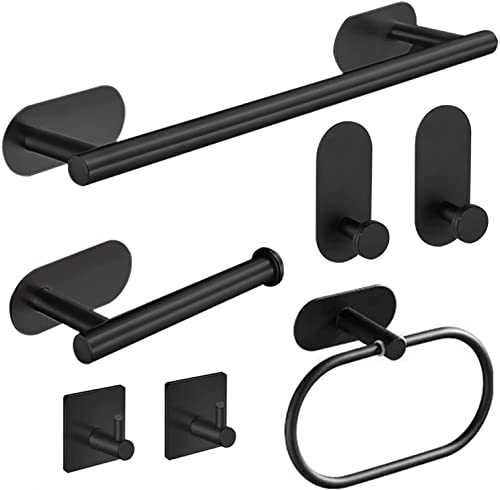 HASA zone Accesorios de Baño sin Taladro, Acero Inoxidable, 7 Piezas, Toallero Negro, Sujetador Papel, Anillo de Toalla, Ganchos Adhesivos para Bata