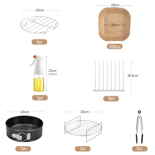 HAUSPROFI Accesorios Freidora Sin Aceite - Kit Completo para Freidoras de Aire Cecotec Cosori 5,5L: Incluye Papel Desechable, Pulverizador de Aceite, Pinzas de Cocina, Molde Desmontable y Parrilla