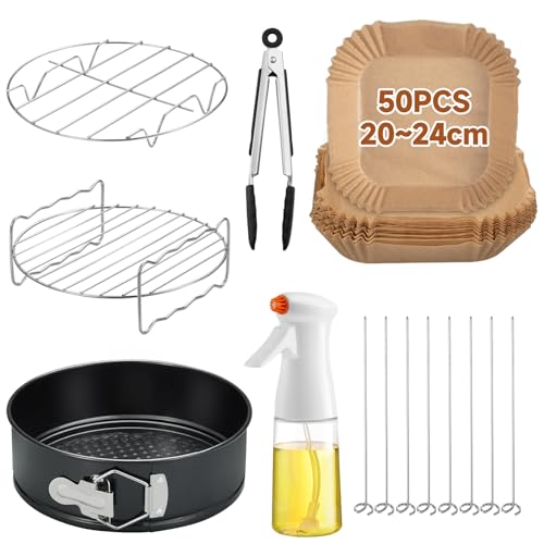 HAUSPROFI Accesorios Freidora Sin Aceite - Kit Completo para Freidoras de Aire Cecotec Cosori 5,5L: Incluye Papel Desechable, Pulverizador de Aceite, Pinzas de Cocina, Molde Desmontable y Parrilla