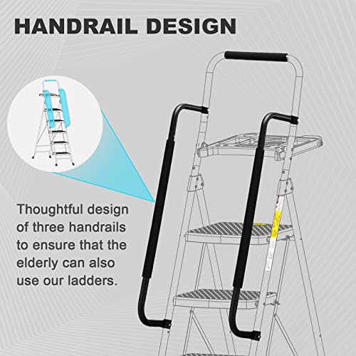 HBTower Escalera Plegable de 5 peldaños con pasamanos, con Plataforma para Herramientas, Escalera de Acero portátil de 150 kg, para Adultos, para el hogar, Cocina, Biblioteca, Oficina, Negro