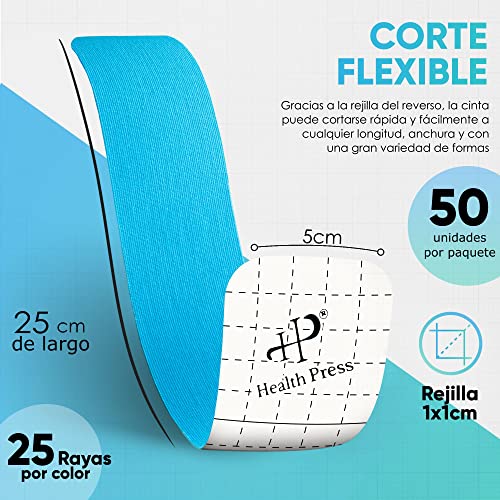 Health Press Kinesiotapes - 50 Tiras de Cinta Kinesiológica Precortada Azul+Negro (25cm x 5cm) - Cinta Profesional de Fisioterapia y Cinta Deportiva - Cintas amigables con la piel DERMATEST: MUY BUENO