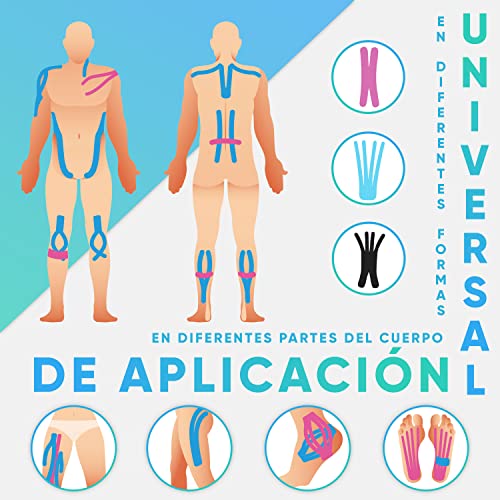 Health Press Kinesiotapes - 50 Tiras de Cinta Kinesiológica Precortada Azul+Negro (25cm x 5cm) - Cinta Profesional de Fisioterapia y Cinta Deportiva - Cintas amigables con la piel DERMATEST: MUY BUENO