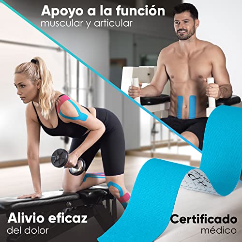 Health Press Kinesiotapes - 50 Tiras de Cinta Kinesiológica Precortada Azul+Negro (25cm x 5cm) - Cinta Profesional de Fisioterapia y Cinta Deportiva - Cintas amigables con la piel DERMATEST: MUY BUENO