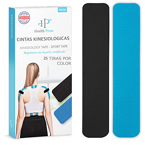 Health Press Kinesiotapes - 50 Tiras de Cinta Kinesiológica Precortada Azul+Negro (25cm x 5cm) - Cinta Profesional de Fisioterapia y Cinta Deportiva - Cintas amigables con la piel DERMATEST: MUY BUENO