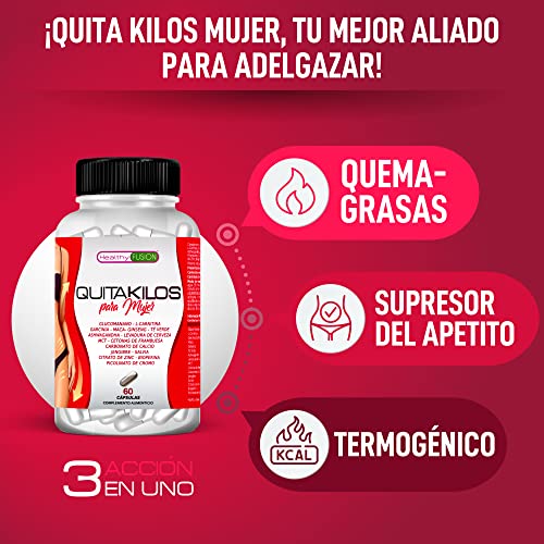 Healthy Fusion QUITAKILOS MUJER | Potente adelgazante para mujeres | Quemagrasas, reductor del apetito | Acelera el metabolismo | Redefine tu silueta | Elimina la grasa localizada | 60U.