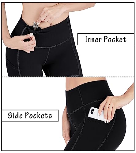 Heathyoga Leggings cortos para mujer, pantalones de yoga para mujer, con bolsillos, cintura alta, pantalones de yoga con bolsillos, leggings de entrenamiento, Nuevo negro, XS