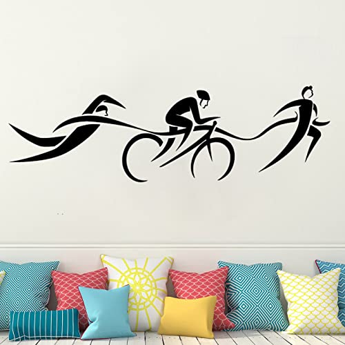 HEBIQUAN Triatlón Natación Ciclismo Calcomanía para Correr Vinilo Adhesivo de Pared Arte Tatuajes de Pared Vinilo Desmontable,Black,42X130CM