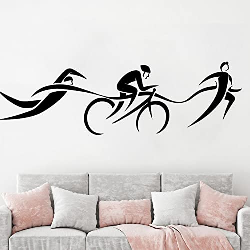 HEBIQUAN Triatlón Natación Ciclismo Calcomanía para Correr Vinilo Adhesivo de Pared Arte Tatuajes de Pared Vinilo Desmontable,Black,42X130CM