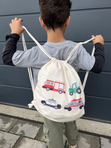 HECKBO Gimnasio Infantil - impreso por ambos lados con 4 brigadas de bomberos, tractor, ambulancia y policía - gymsack, mochila, bolsa de juegos, bolsa de deportes, bolsa de zapatos, bolsa para niños