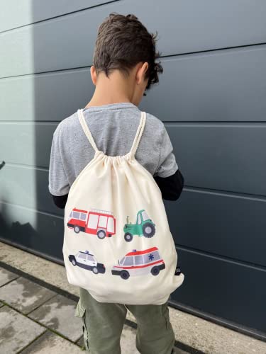 HECKBO Gimnasio Infantil - impreso por ambos lados con 4 brigadas de bomberos, tractor, ambulancia y policía - gymsack, mochila, bolsa de juegos, bolsa de deportes, bolsa de zapatos, bolsa para niños