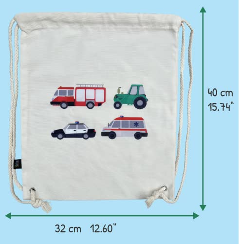 HECKBO Gimnasio Infantil - impreso por ambos lados con 4 brigadas de bomberos, tractor, ambulancia y policía - gymsack, mochila, bolsa de juegos, bolsa de deportes, bolsa de zapatos, bolsa para niños