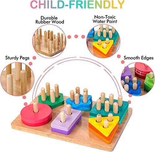 HELLOWOOD Juguetes Montessori Educativos para Niñas y Niños Pequeños de 1 2 3 Años, Juguetes de Madera para Apilar y Encajar para Bebés con 24 Bloques Geométricos de Colores